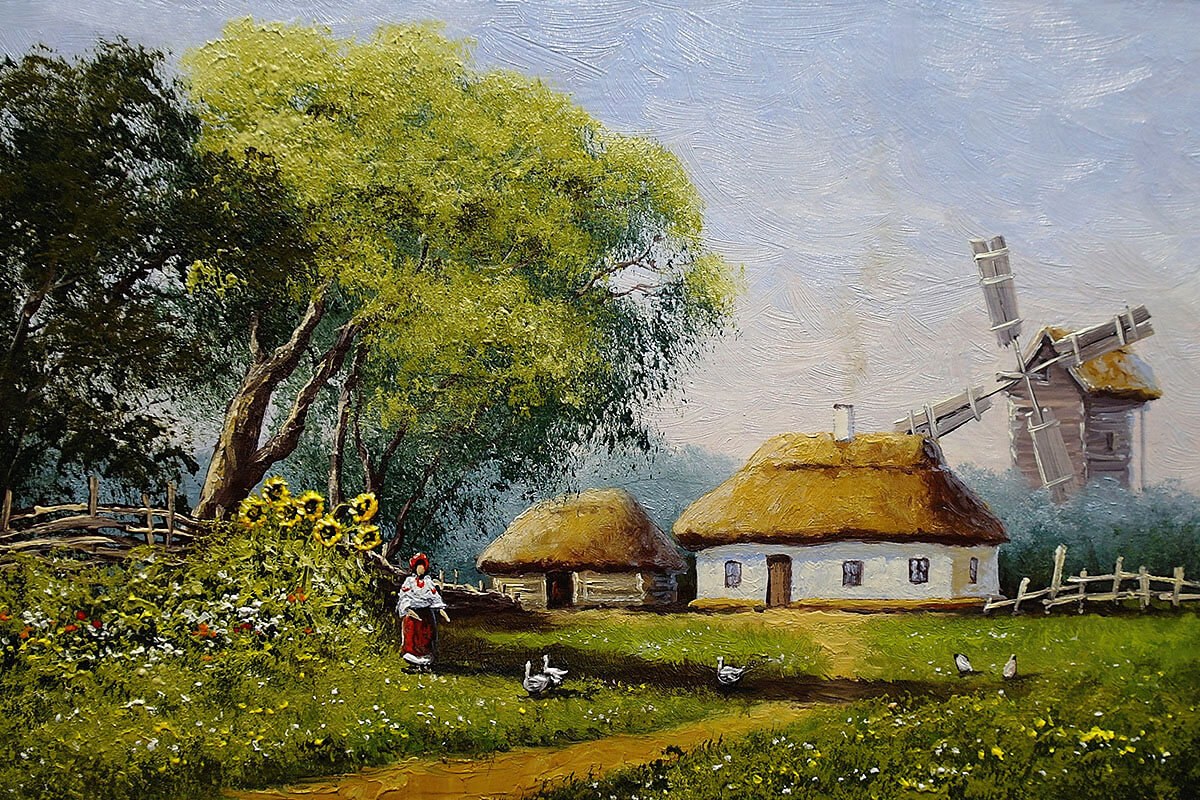 Nature landscape and rural houses in the village, original painting