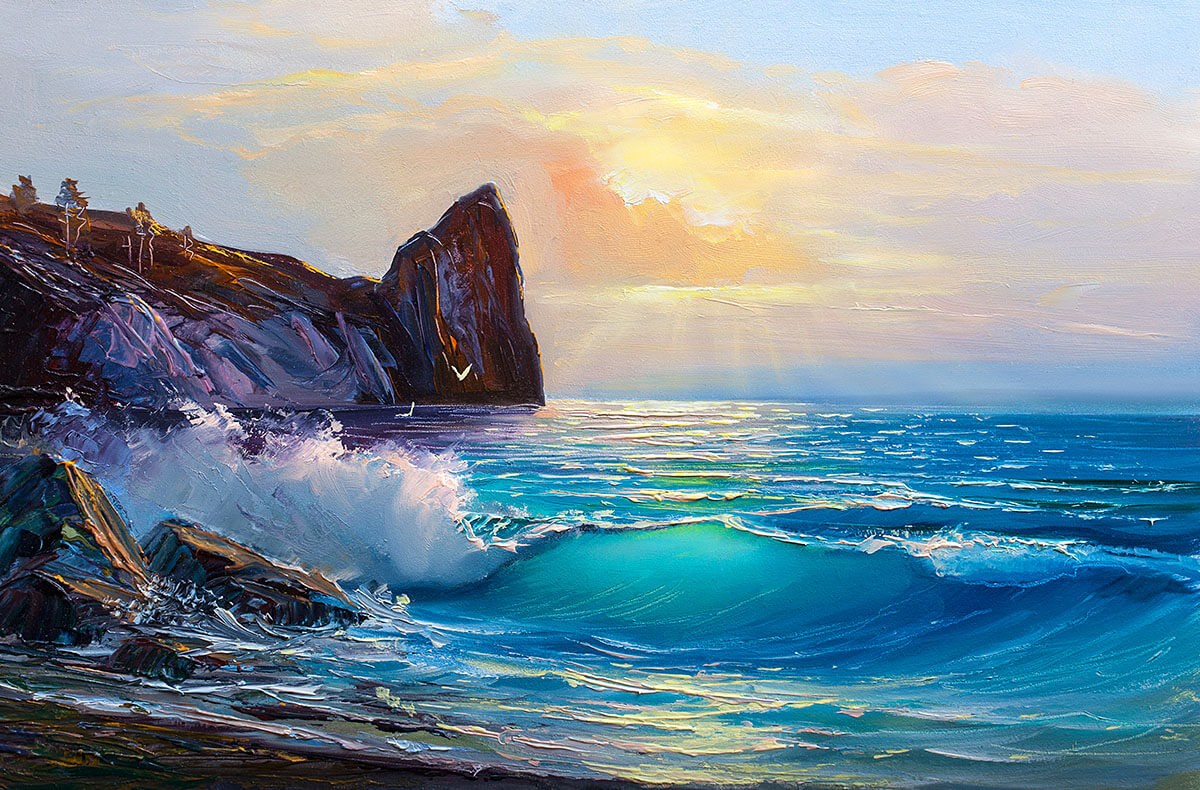 Original painting with sea waves at sunset