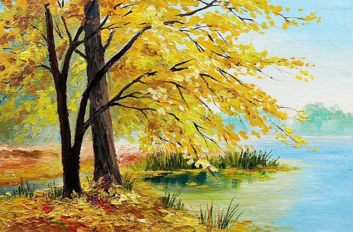 Landscape, tree with yellow leaves and river, oil painting
