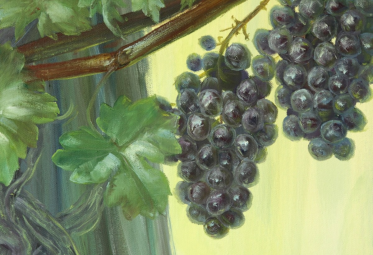 Oil painting on canvas blue grapes berries with leaves
