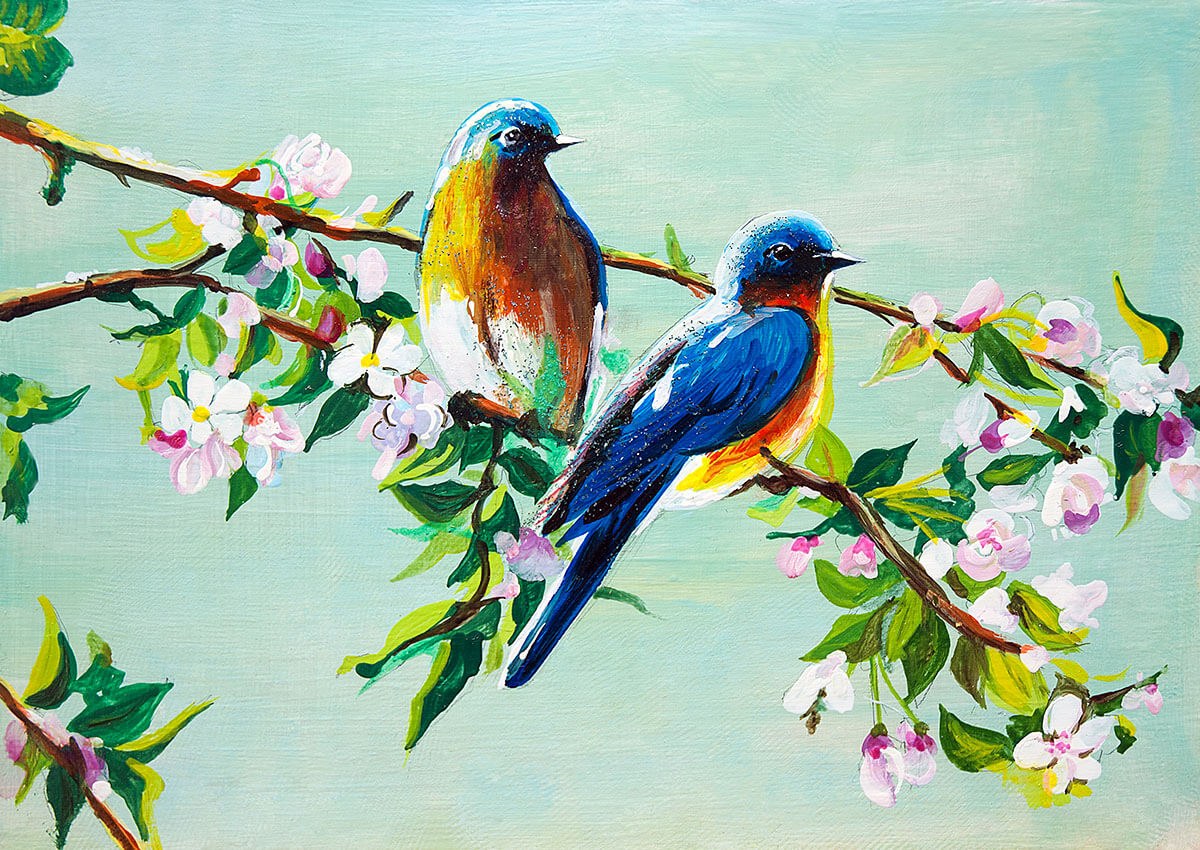 Oil painting birds on a branch