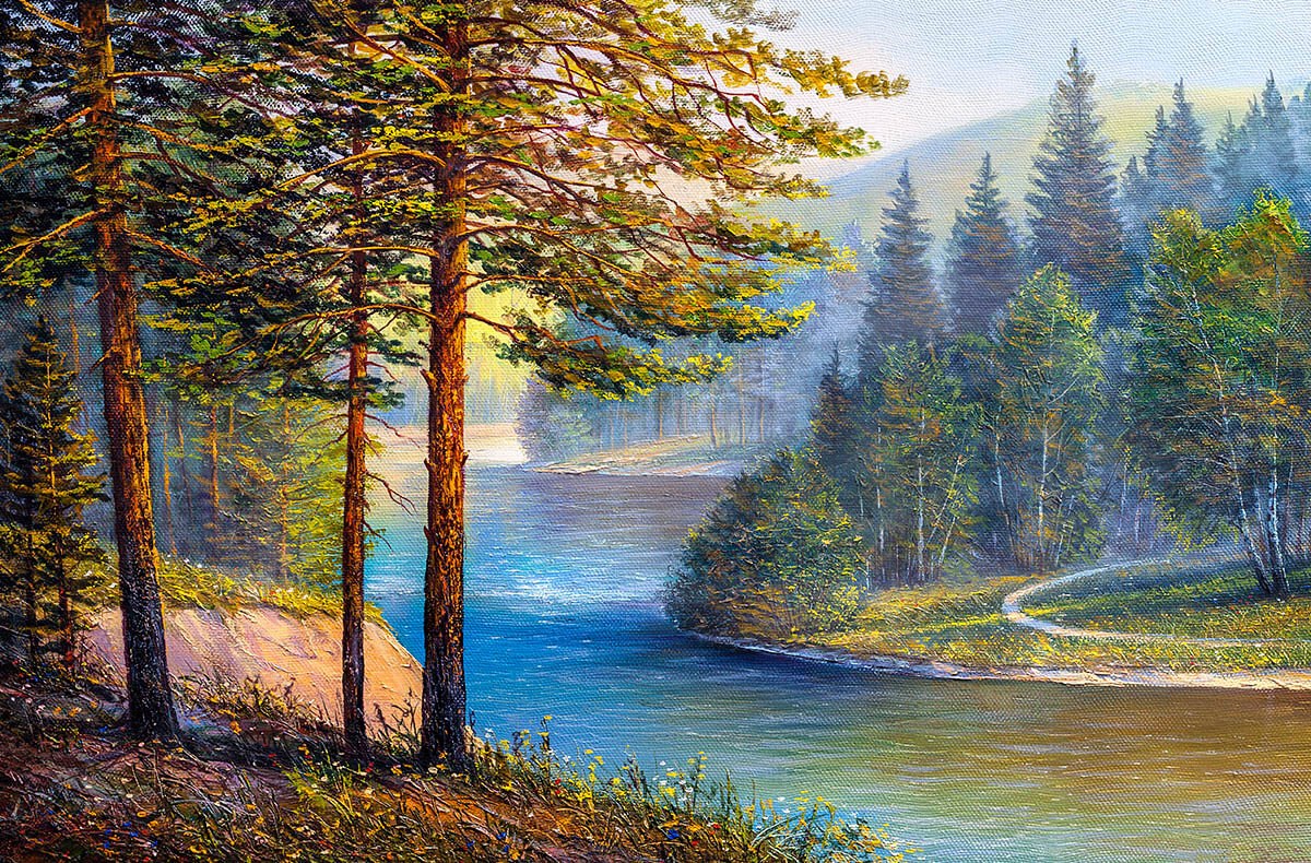 Forest with pine and spruce, river shore, oil painting