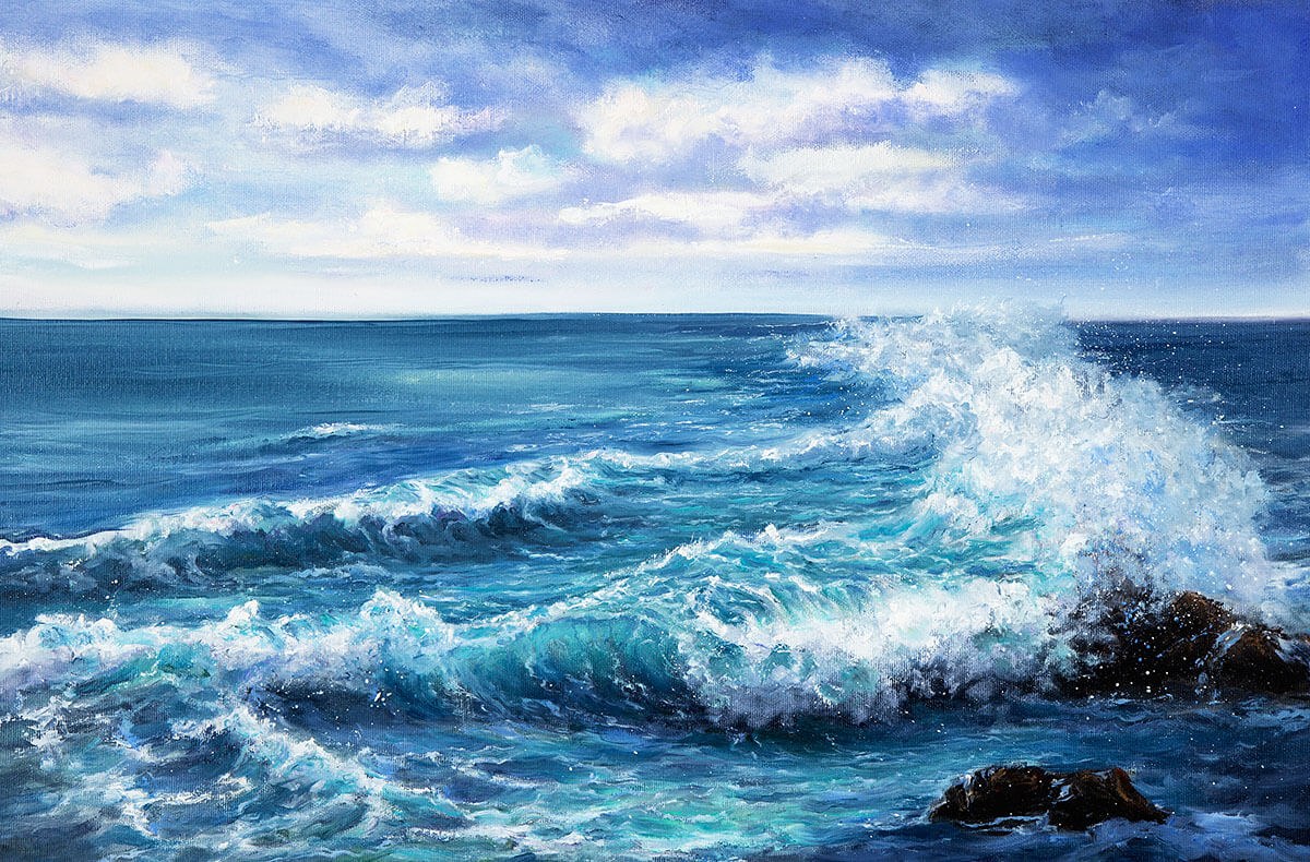 Raging sea waves and splashes, oil painting