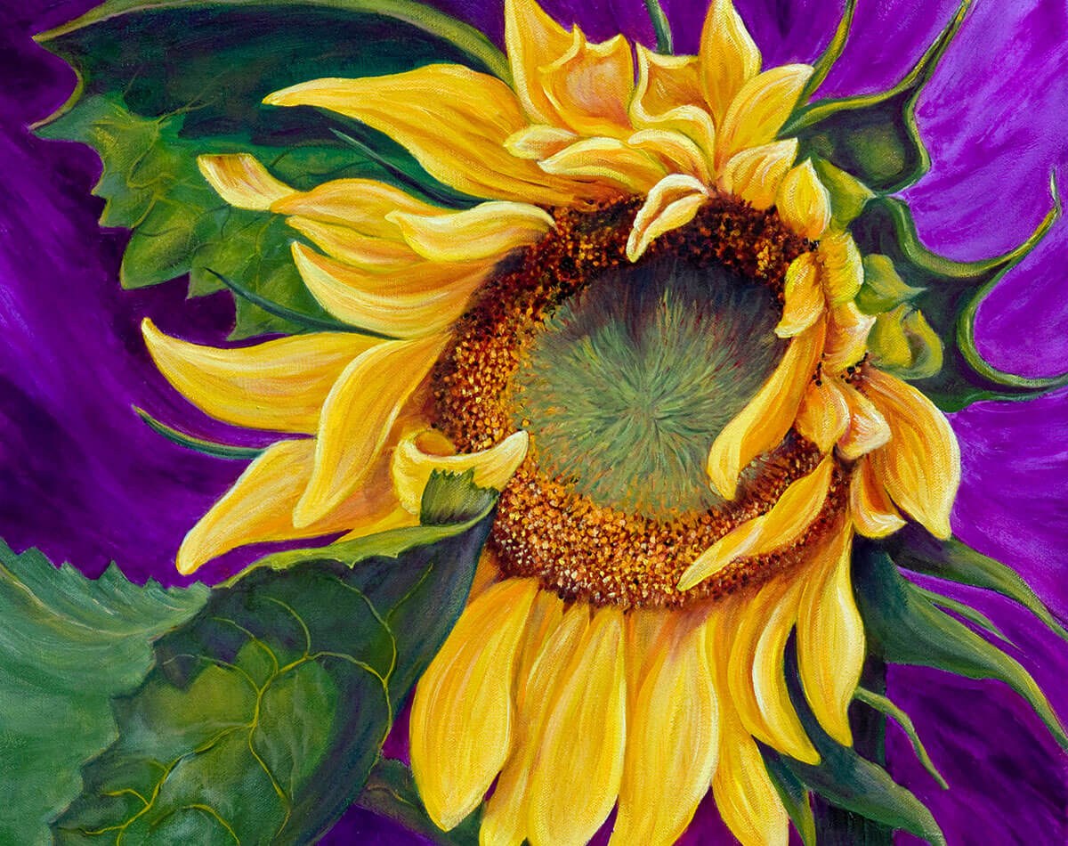 Painting sunflower with large green leaves and on a purple background