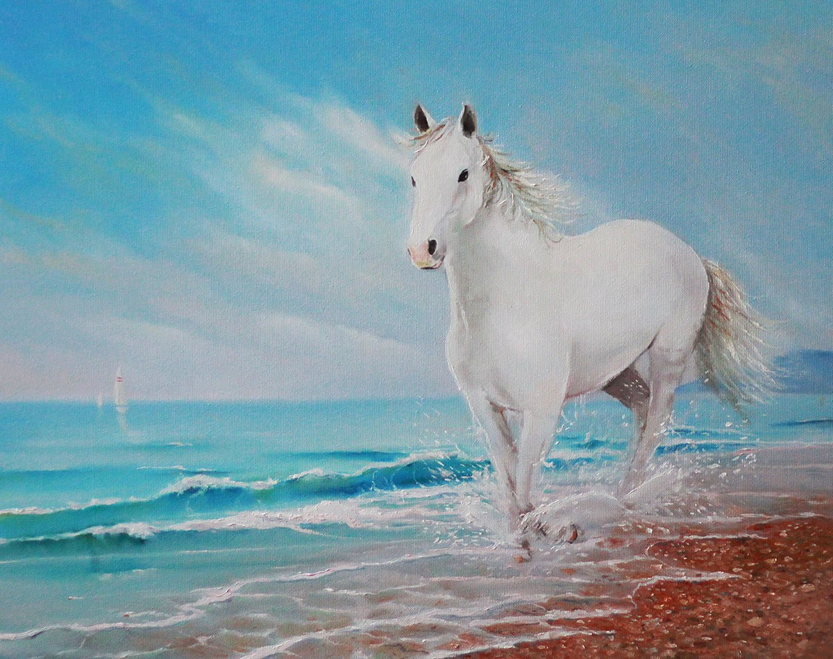 Painting a graceful white horse runs along the seashore