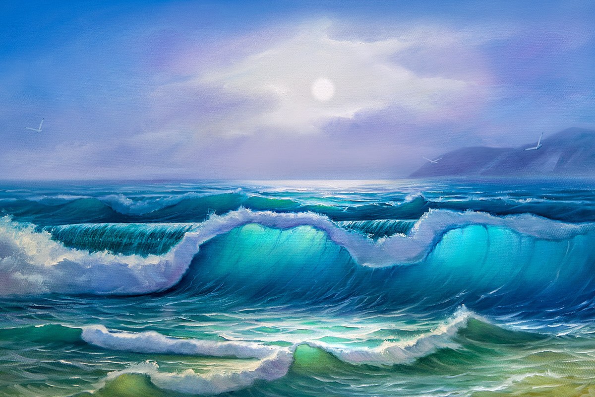 Painting with sea waves and flying seagulls