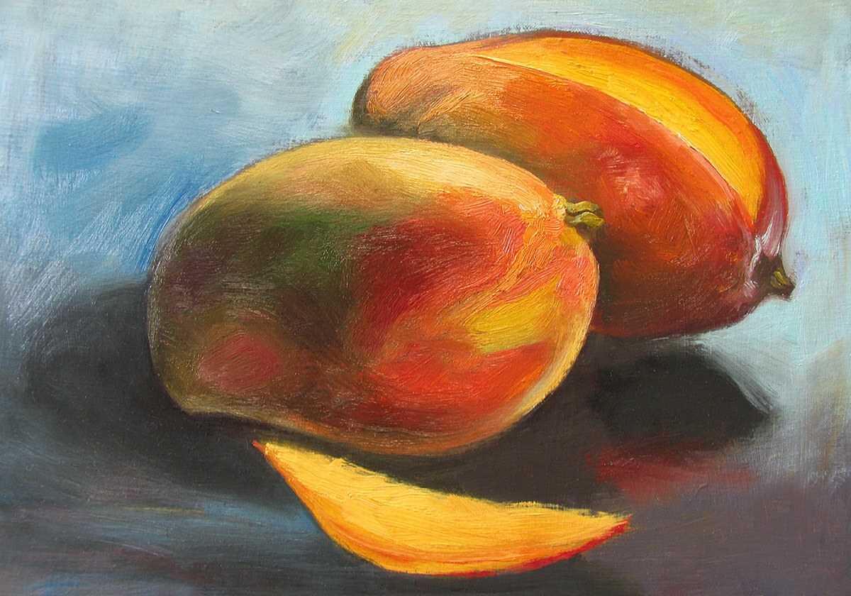 Original oil painting of two ripe mangoes
