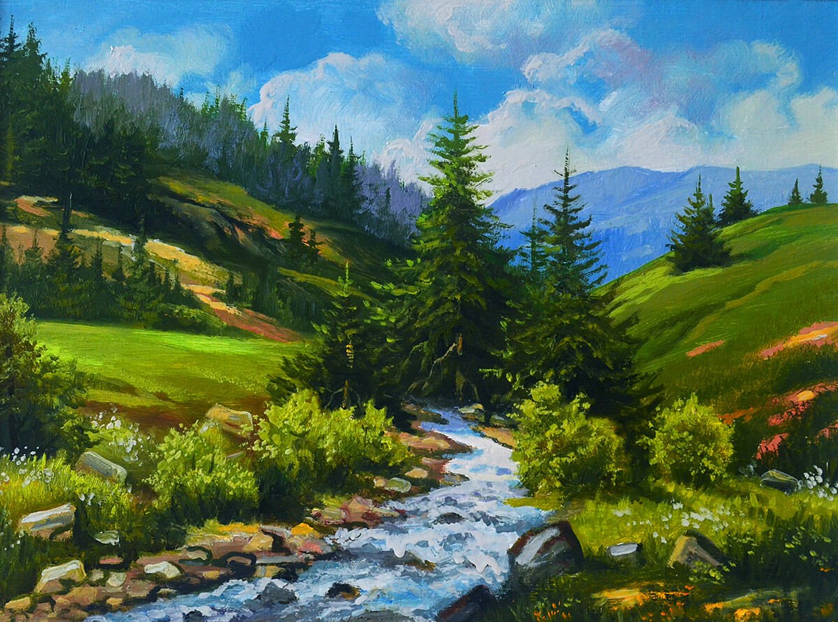 Mountain nature landscape, running stream, original painting