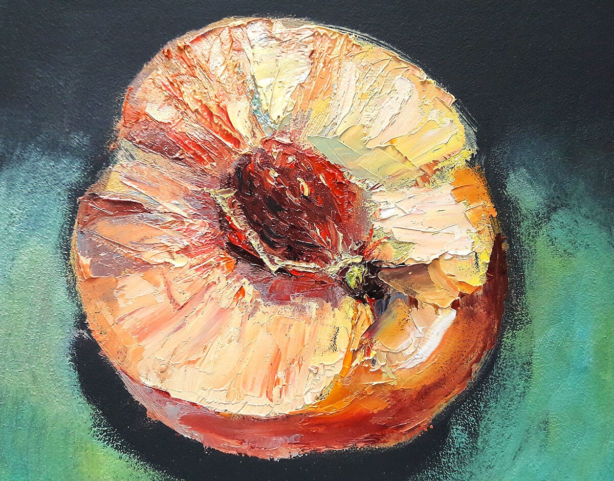 Original oil painting peach with seed