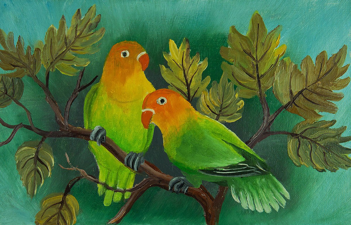 Oil painting two parrots on a branch