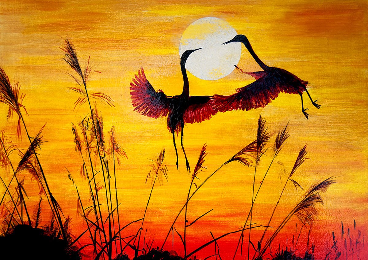 Oil painting two bird cranes take off at sunset