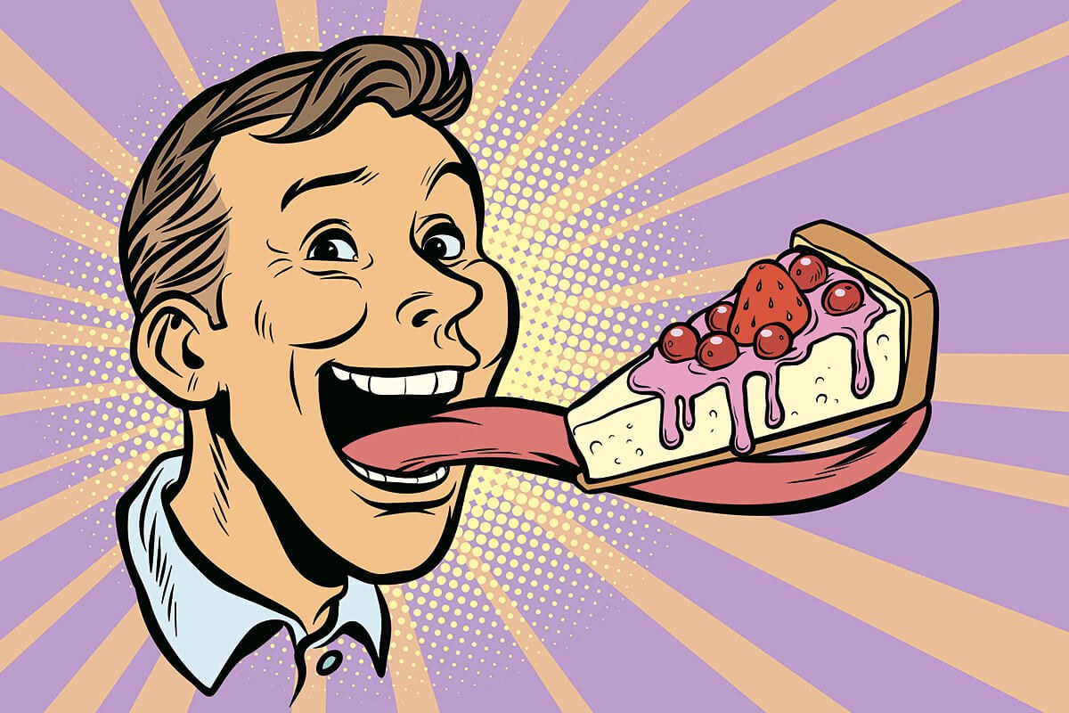 Hungry man with a long tongue eating a piece of cake