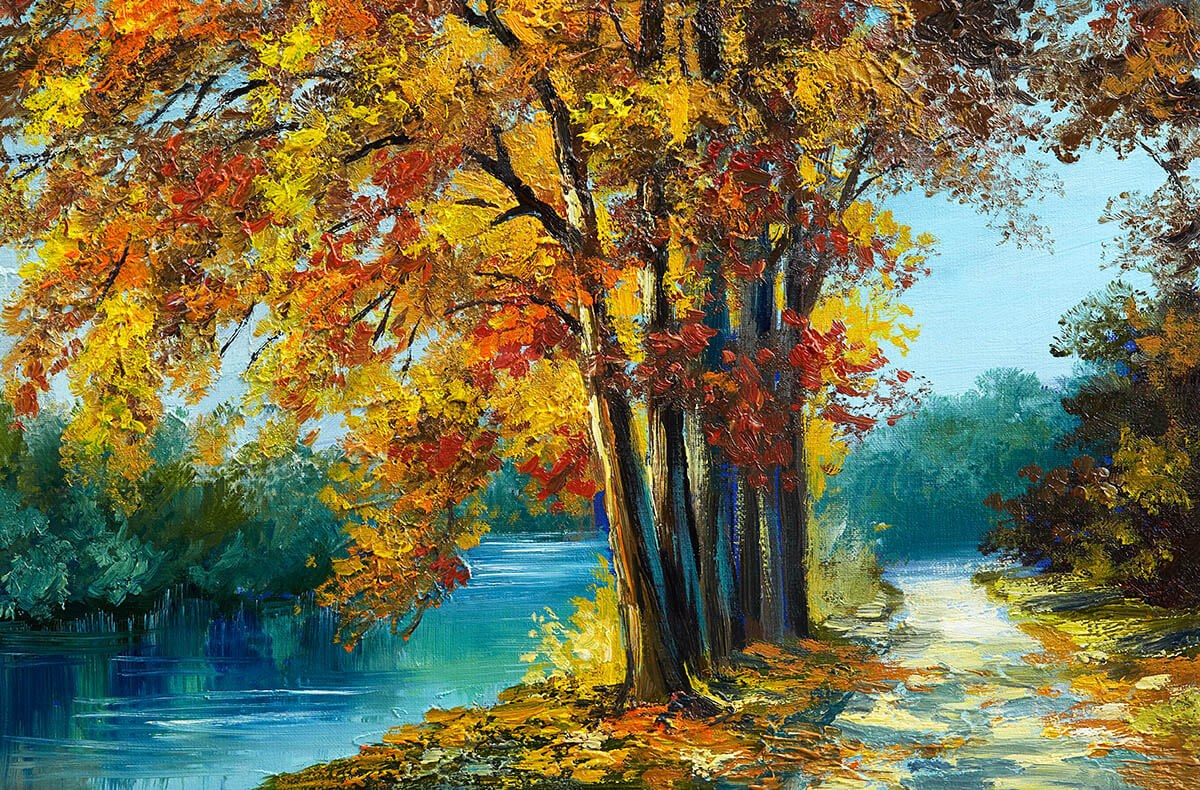 Oil painting trees in the forest with yellow and red leaves and river