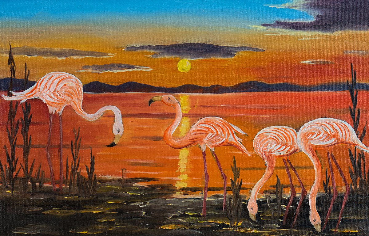 Oil painting of several flamingos at sunset