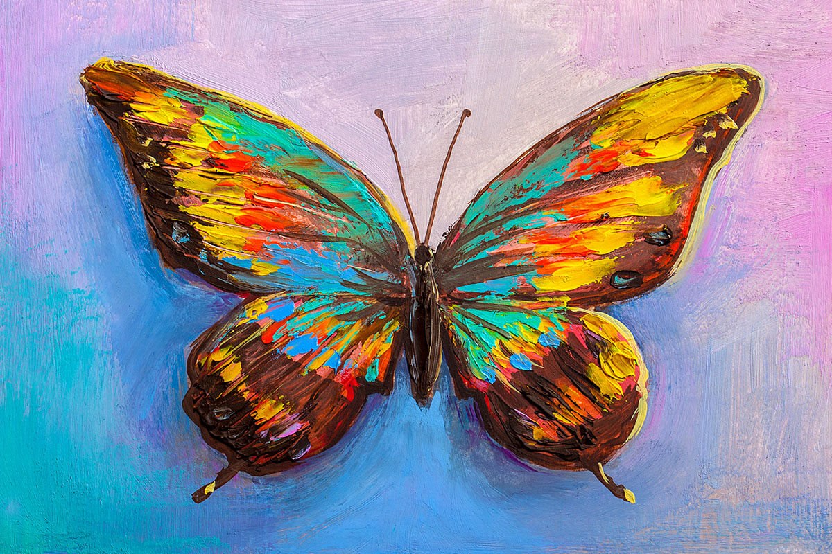 Painting brown butterfly with blue, turquoise and yellow dots on the wings