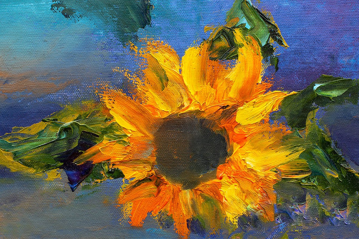 Oil painting on canvas one sunflower with green leaves