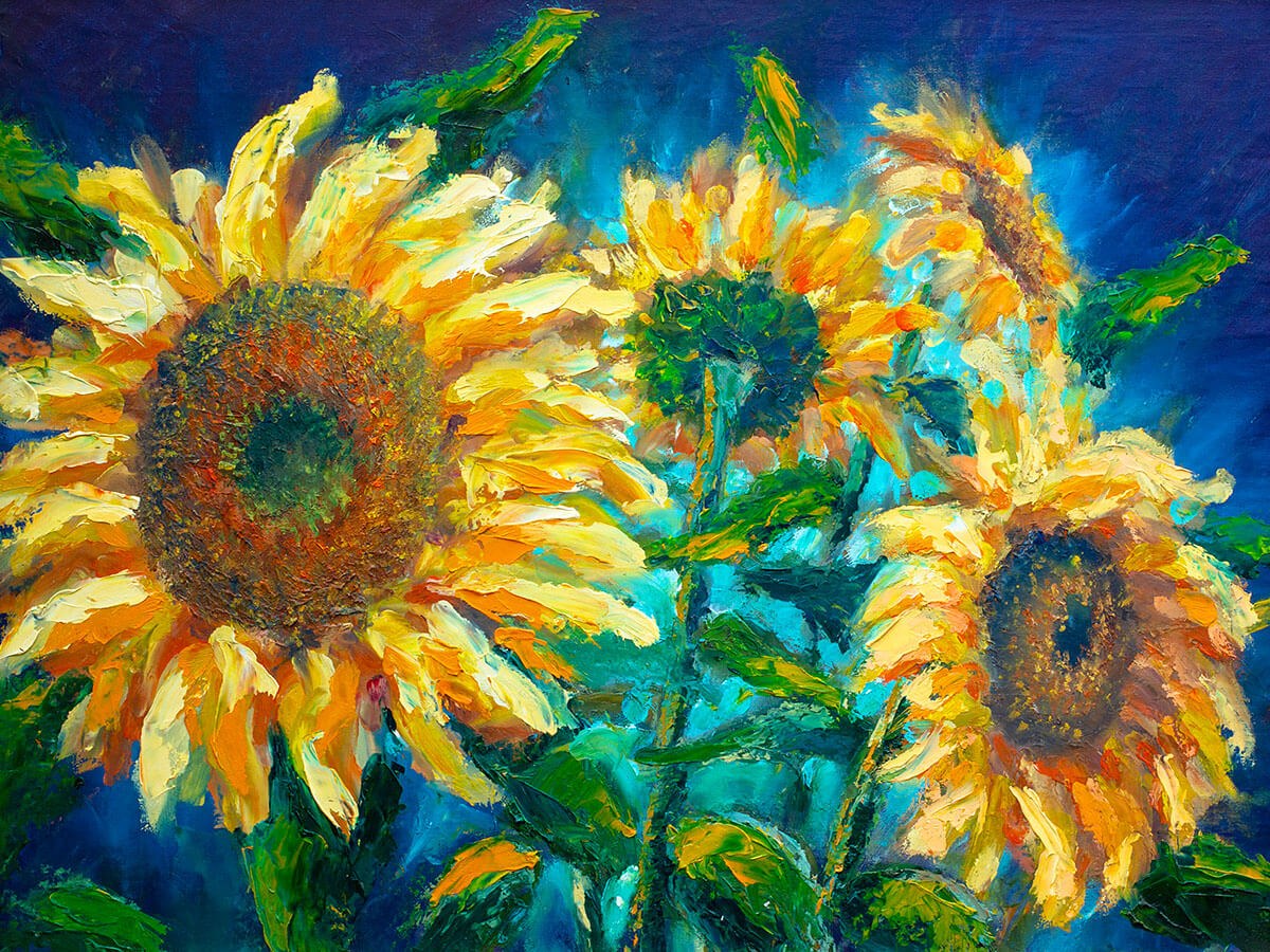 Original painting of bright sunflowers on a blue background