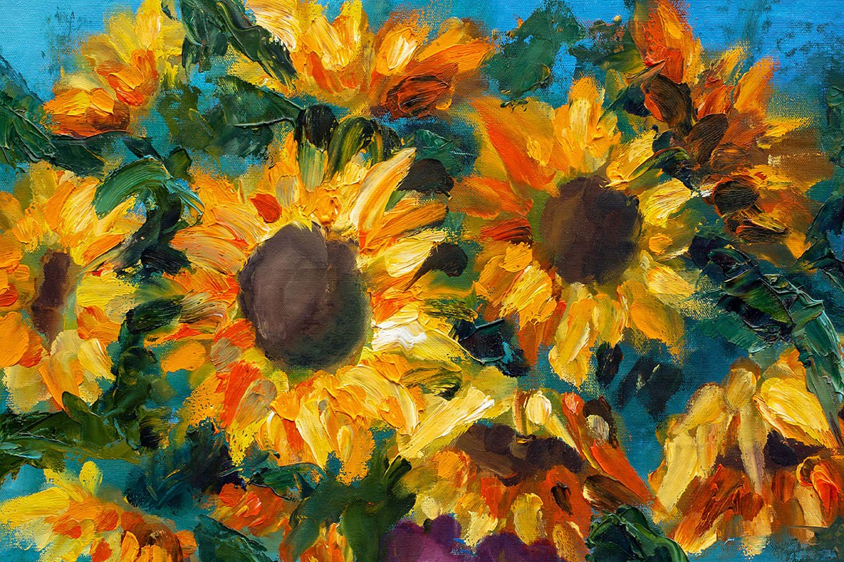 Oil painting on canvas with sunflowers