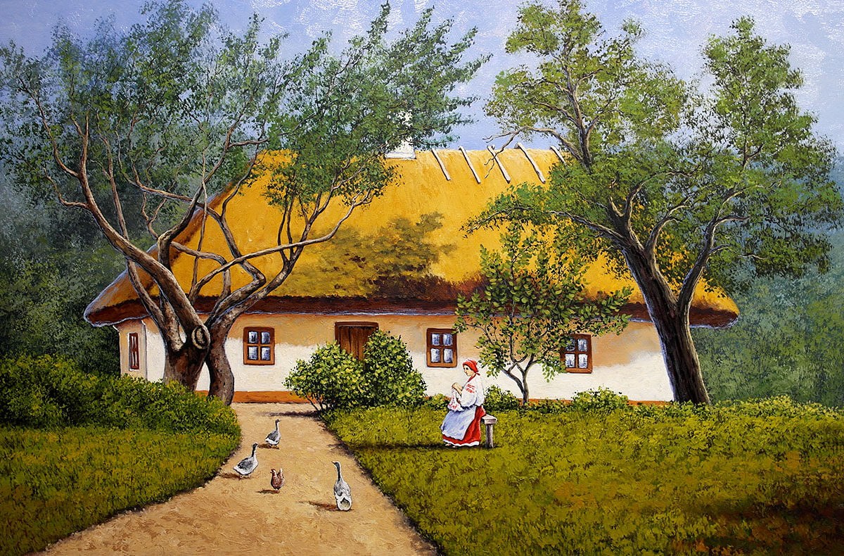 Painting with a rural house, beautiful garden and walking geese