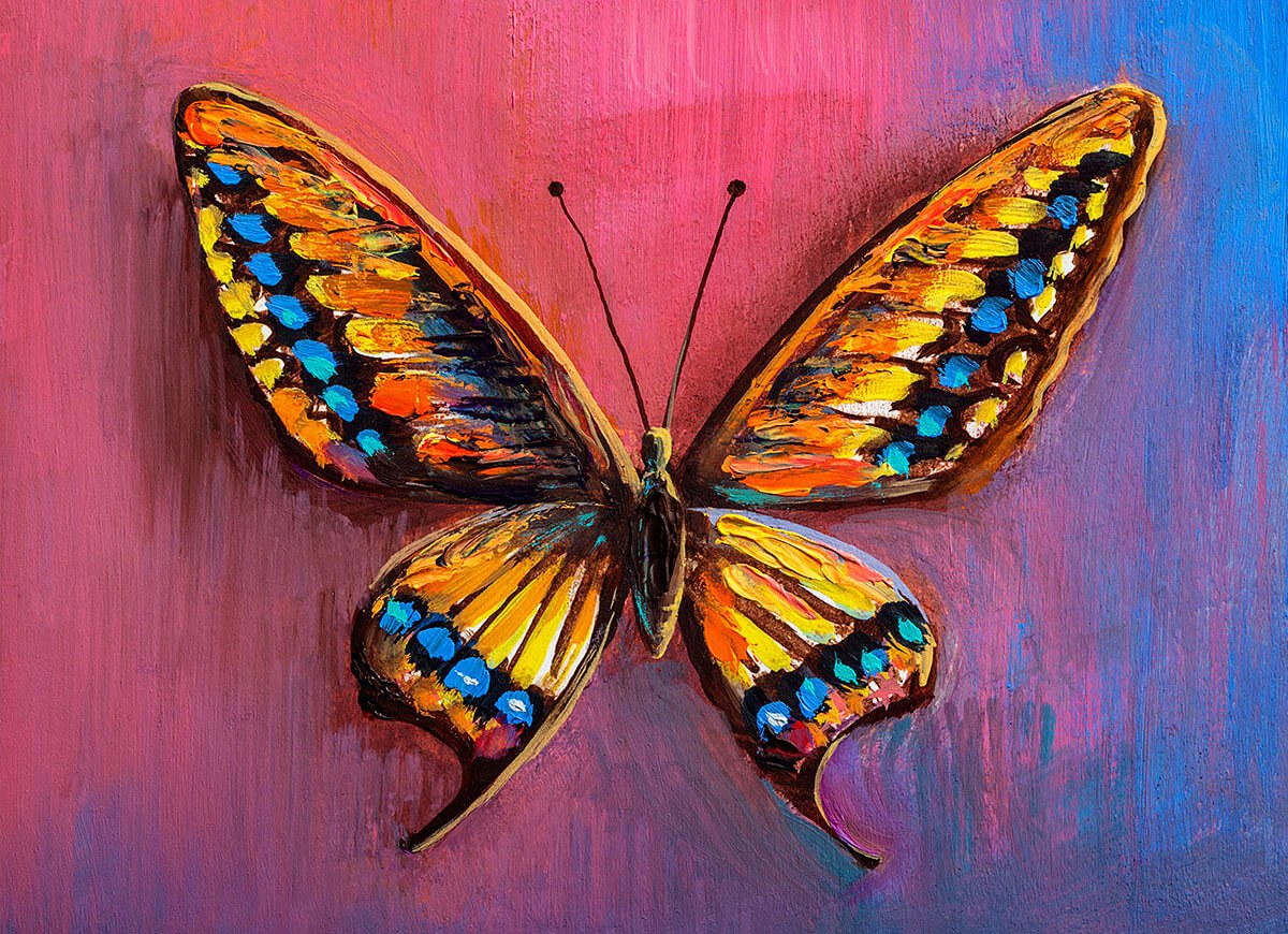 Painting burgundy butterfly with blue, brown and yellow dots on the wings