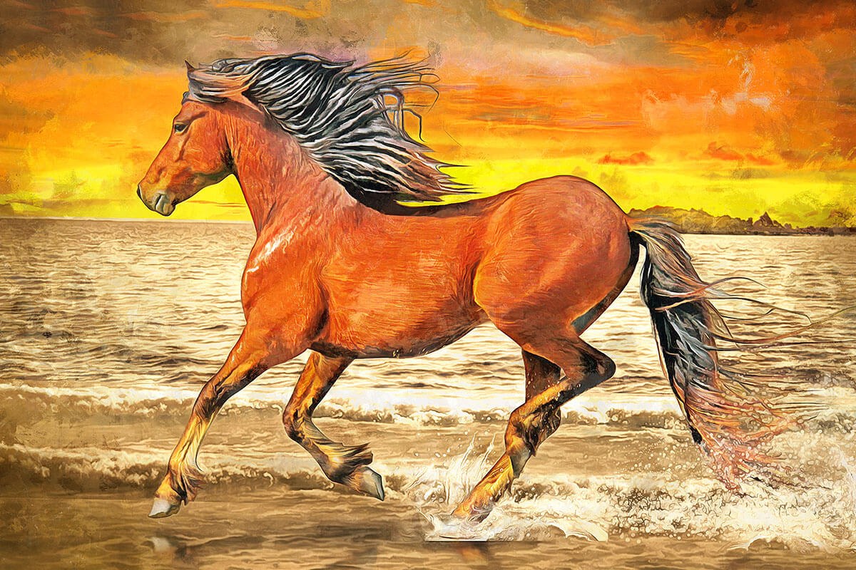 Oil painting beautiful brown horse running on water
