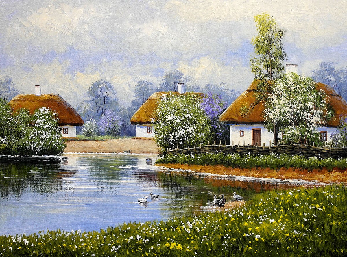 Oil painting with rural houses, lake and ducks