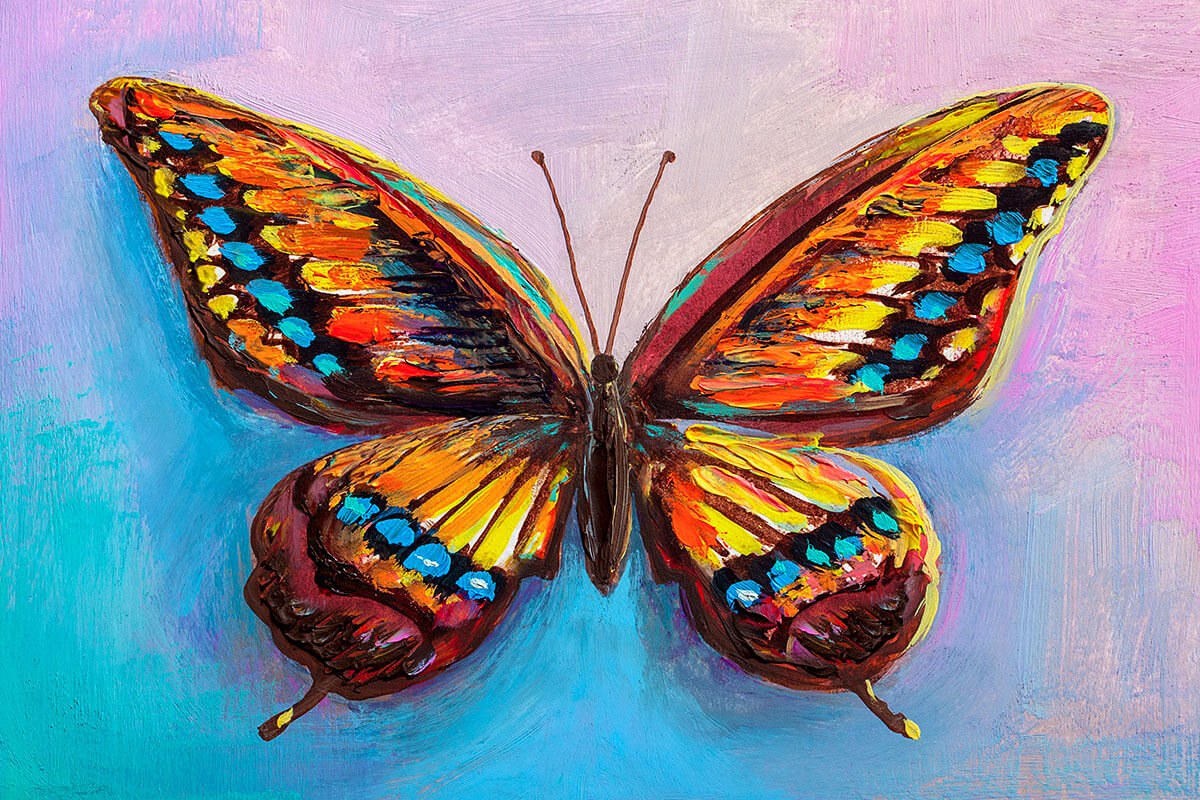 Painting burgundy butterfly with blue, orange and yellow dots on the wings