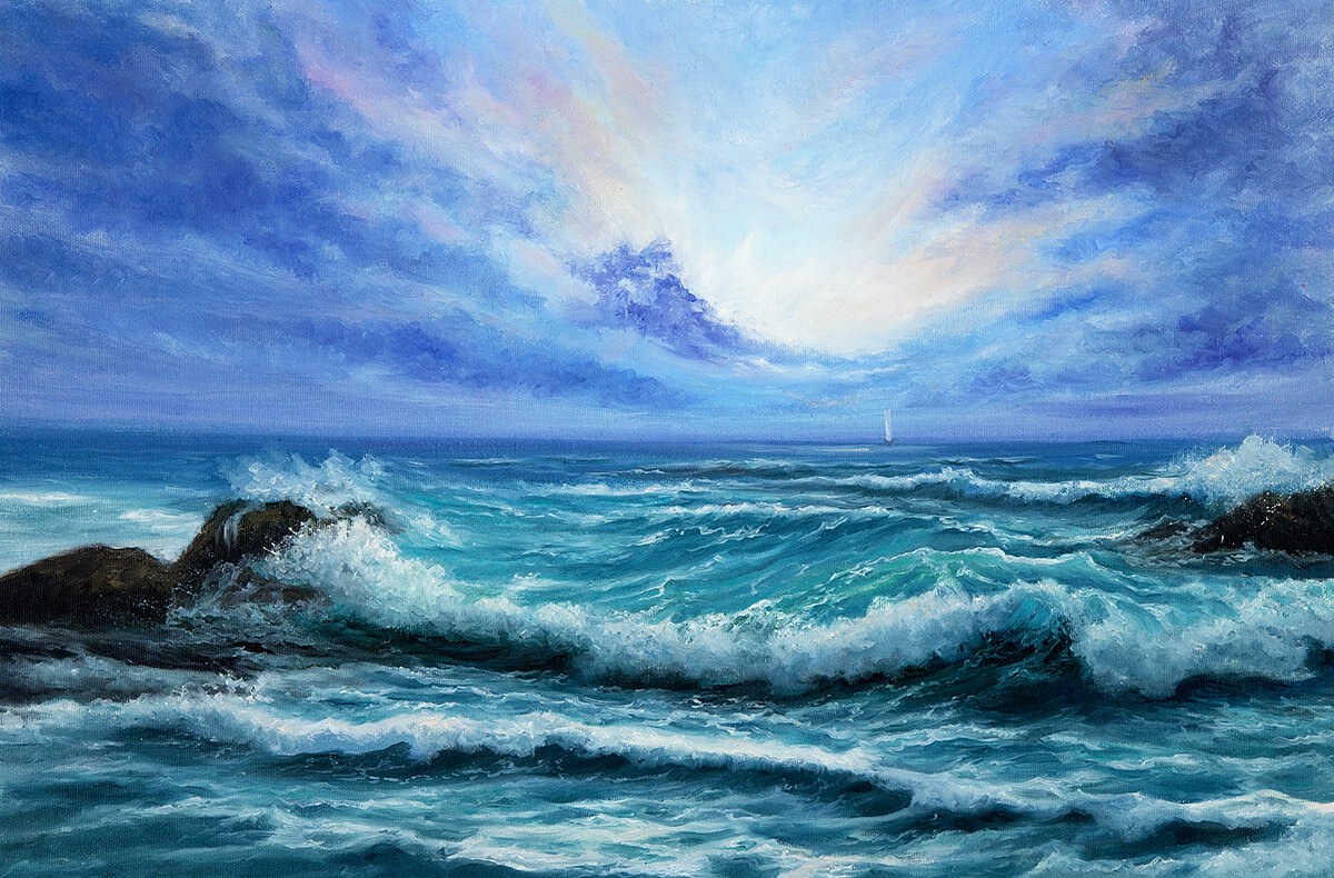 Raging sea waves at sunset, oil painting
