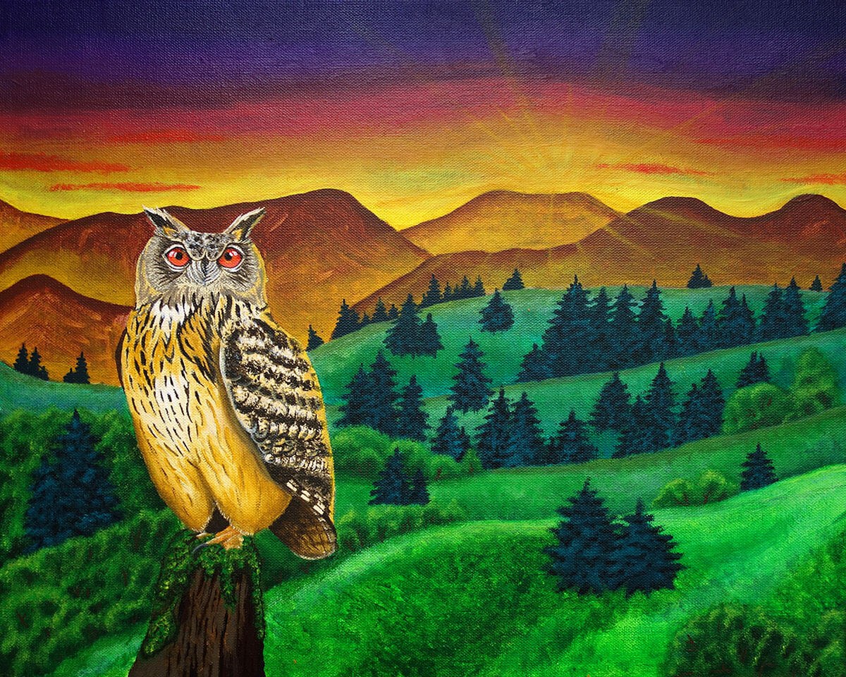 Painting bird owl sitting on a tree