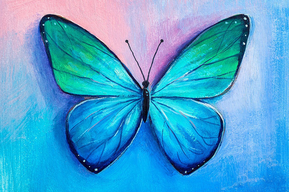 Romantic painting blue butterfly with a turquoise shade