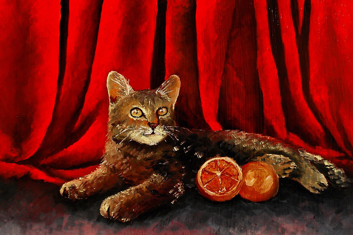 Oil painting cat lies with oranges Oil painting cat lies with oranges