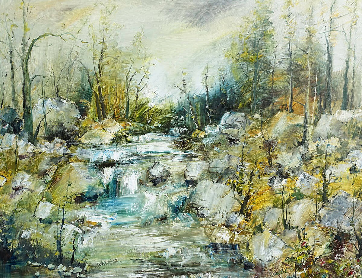 Original painting with a stream and stones in the forest