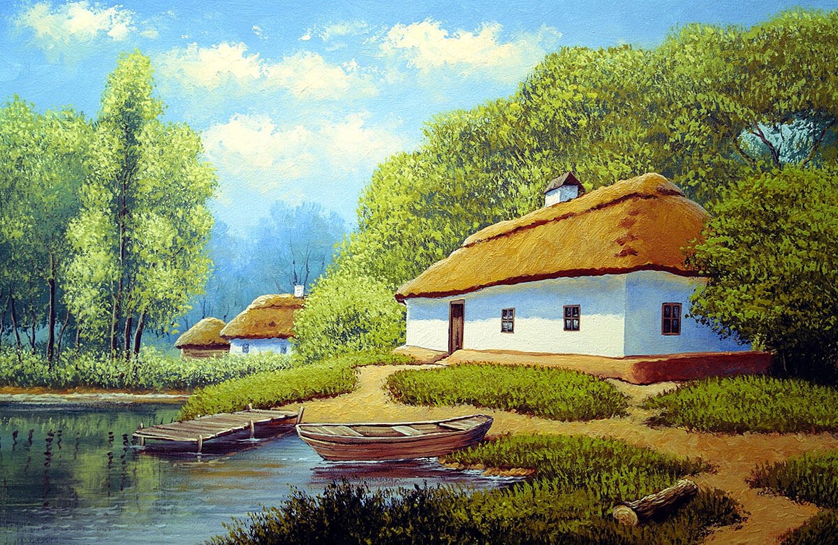 Nature, lake, boats and rural houses, original painting
