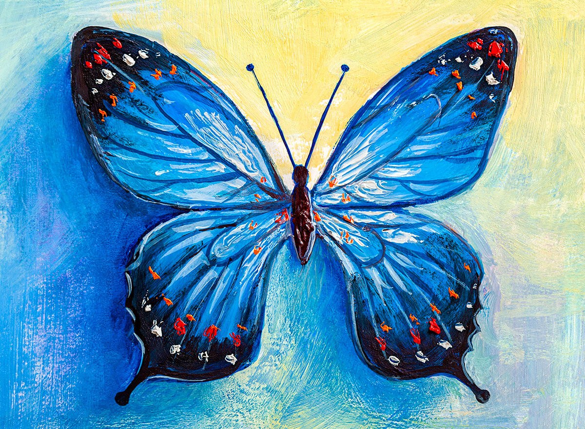 Painting blue butterfly with white and red dots on the wings