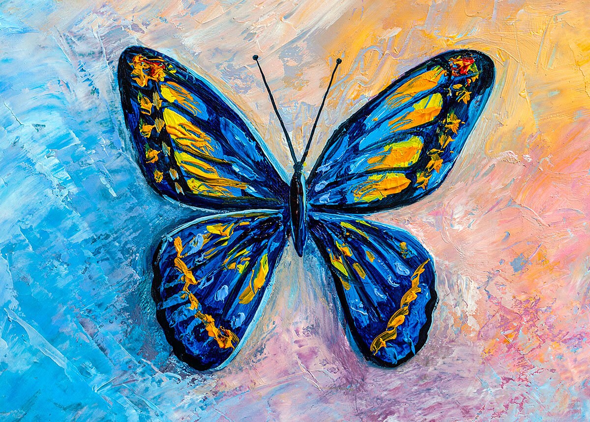 Painting blue butterfly with yellow dots on the wings