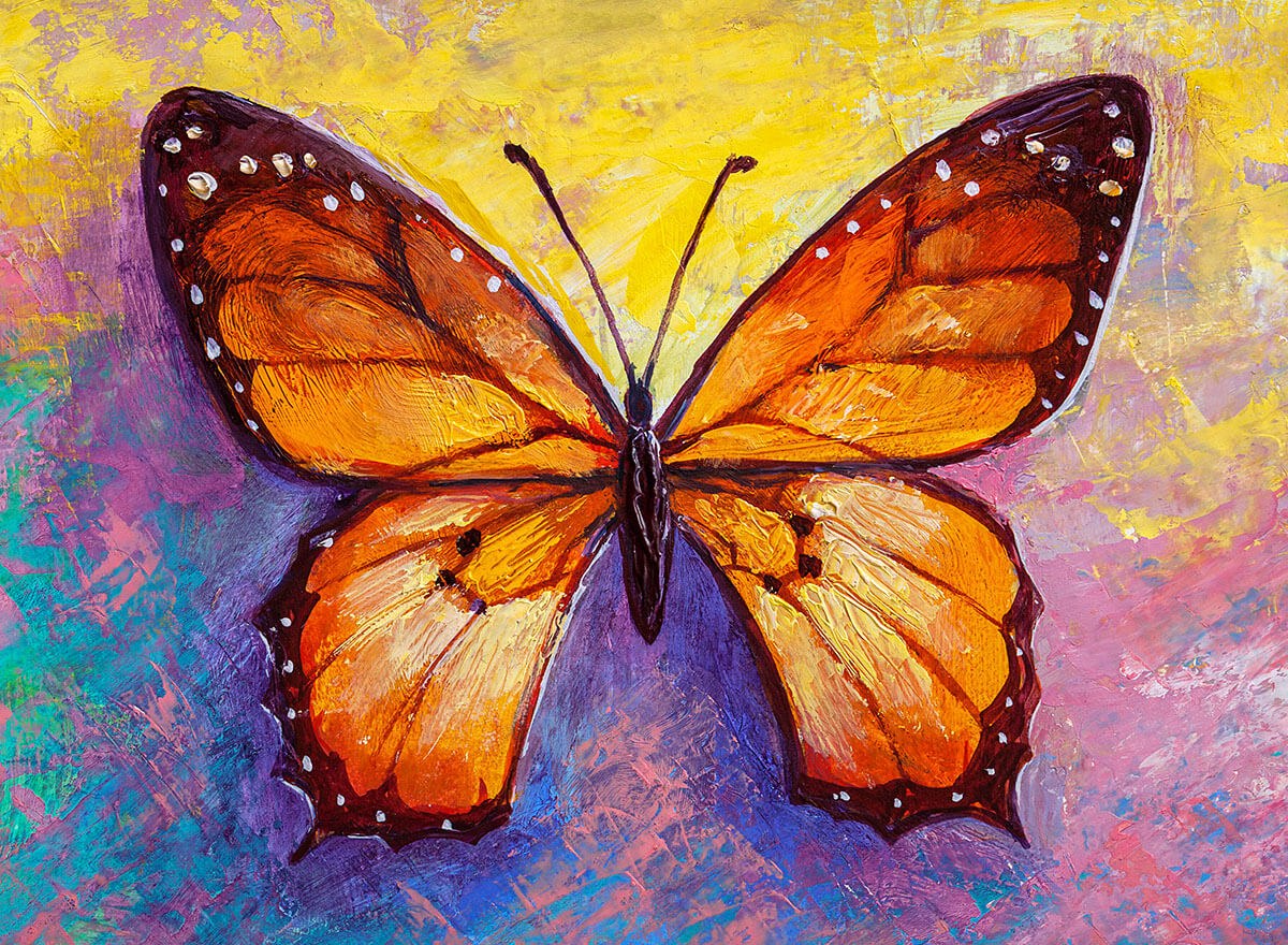 Painting orange butterfly with white dots on the wings