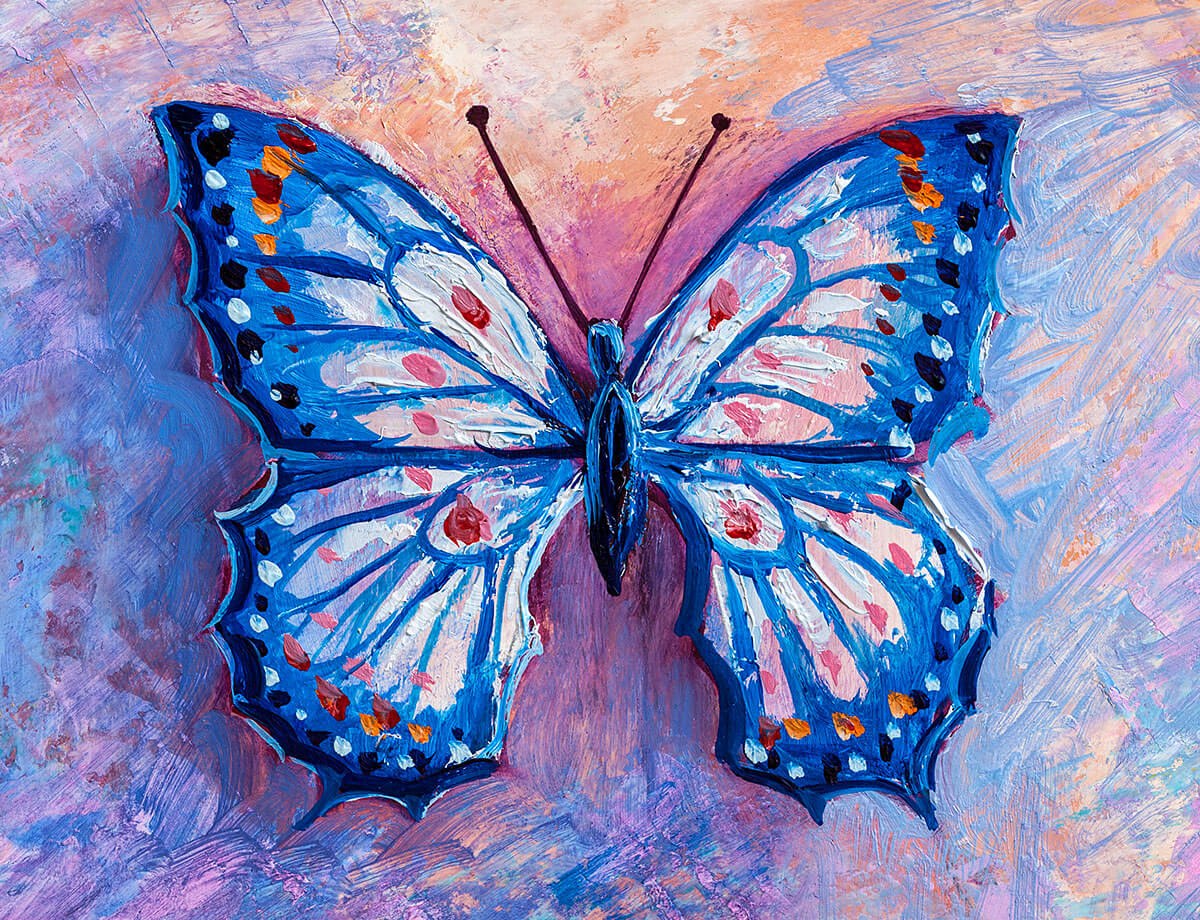 Oil painting blue butterfly with red and pink dots on the wings