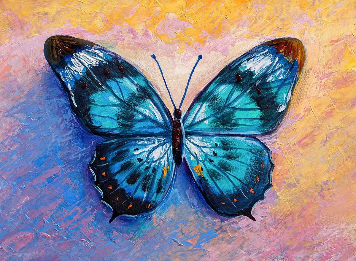 Oil painting butterfly blue with a dark blue tint