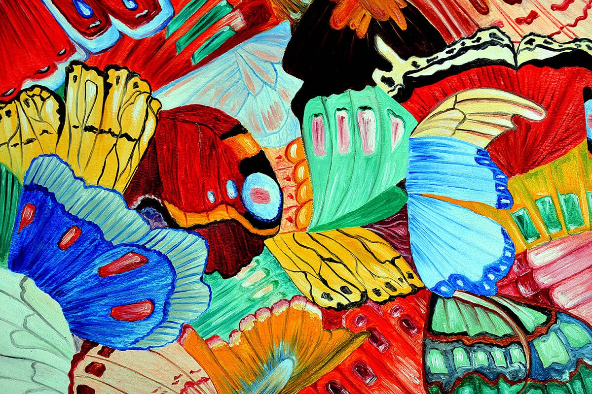 Oil painting with many colorful butterflies