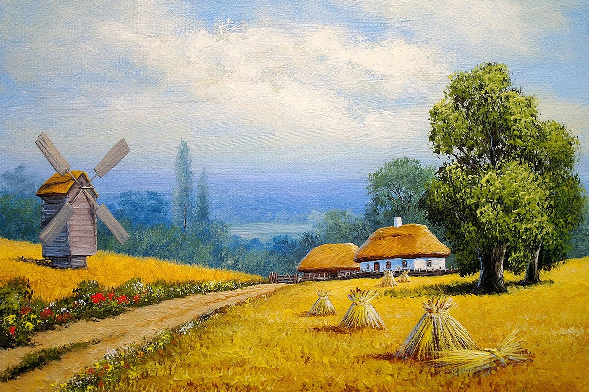Landscape with rural houses, original oil painting