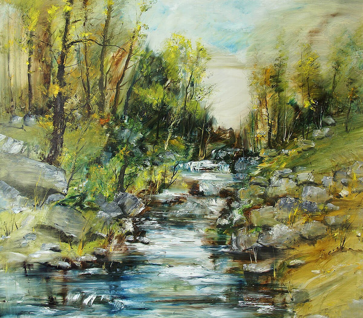 Natural landscape with fast stream and stones, oil painting