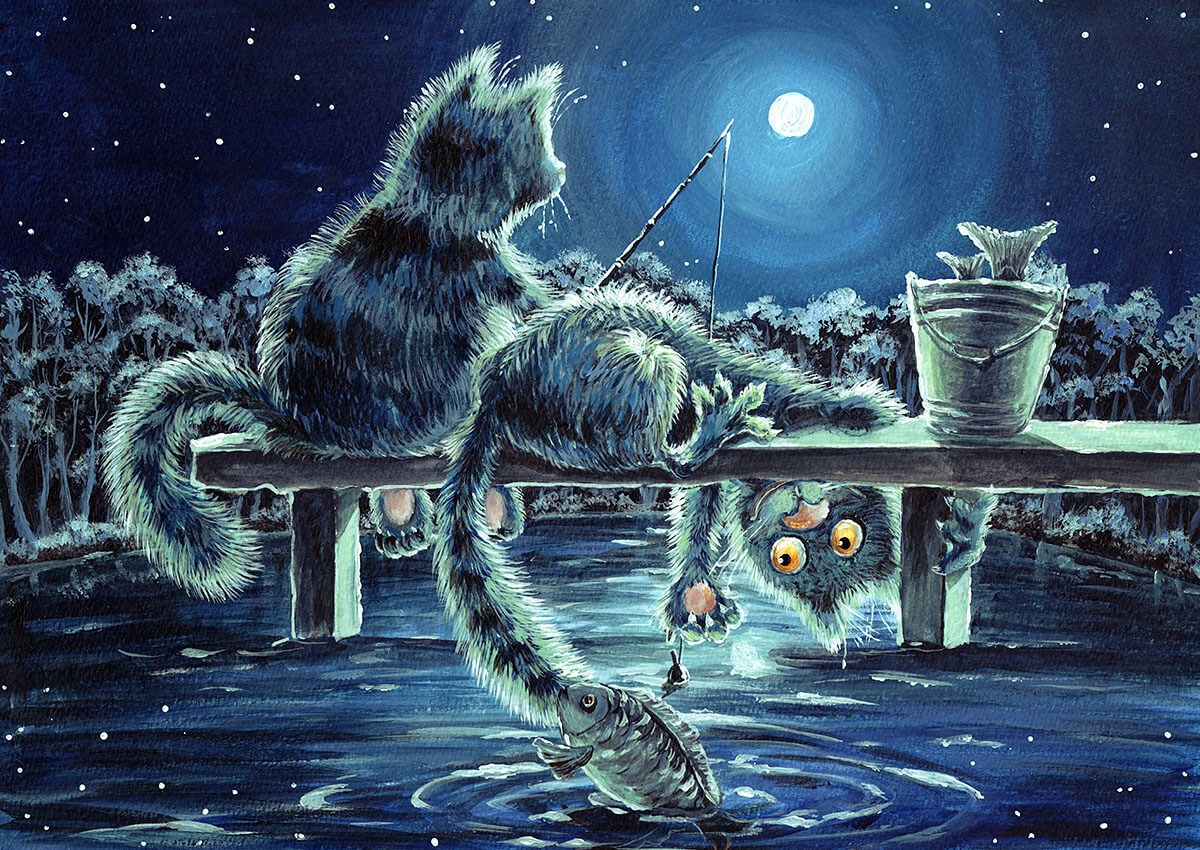 Cheerful oil painting cats fishing with a fishing rod Cheerful oil painting cats fishing with a fishing rod