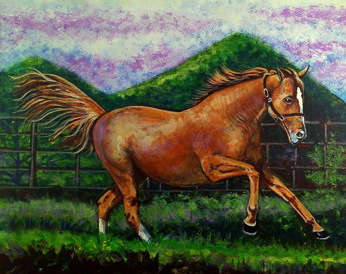 Oil painting on canvas of a beautiful horse running across the field