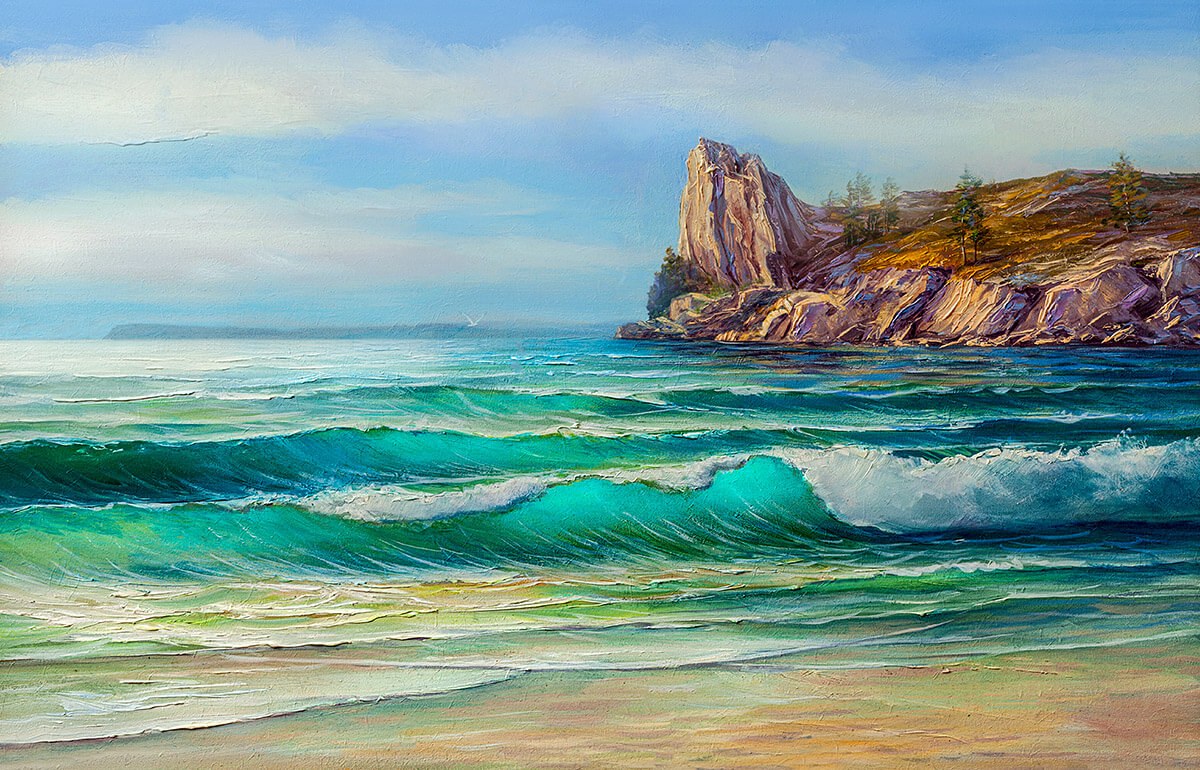 Original oil painting calm sea waves