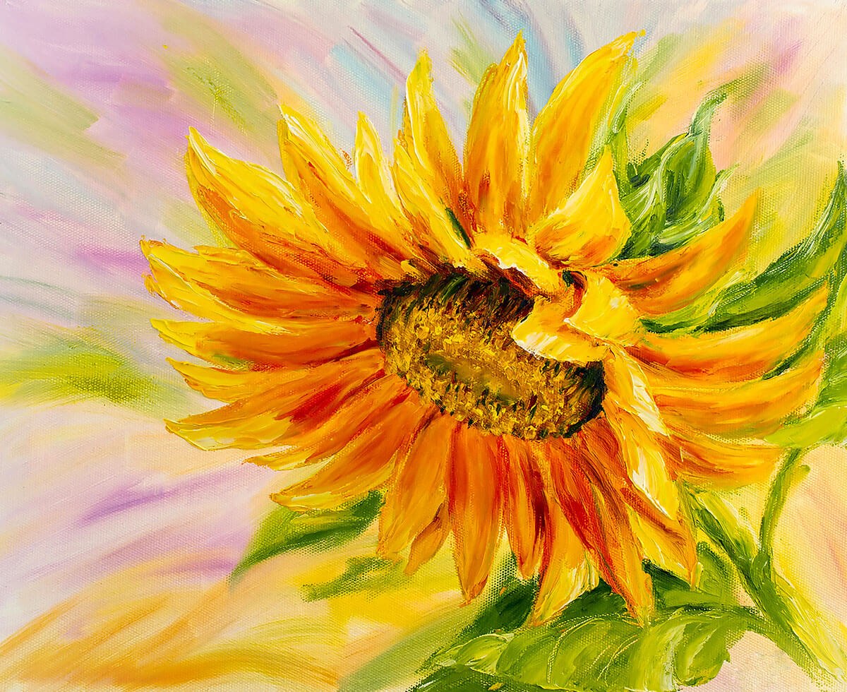 Oil painting with one yellow sunflower and seeds