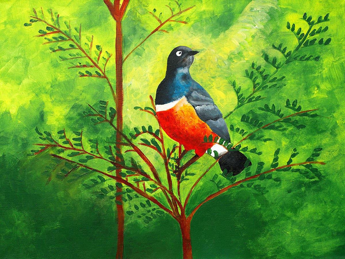 Painting of a bird on a branch