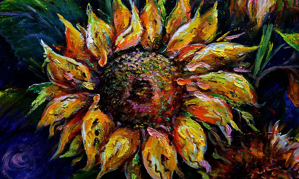Oil painting with a large sunflower and seeds