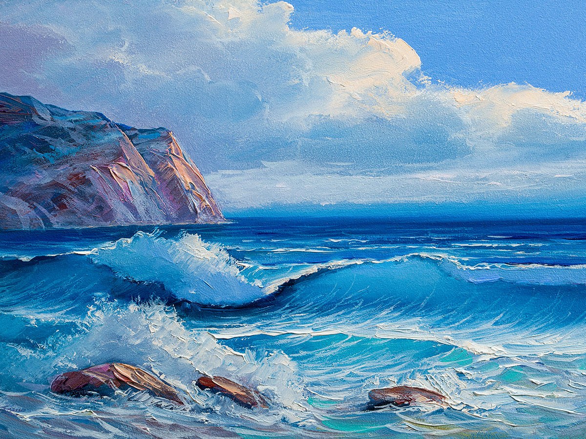 Oil painting raging waves and rocks