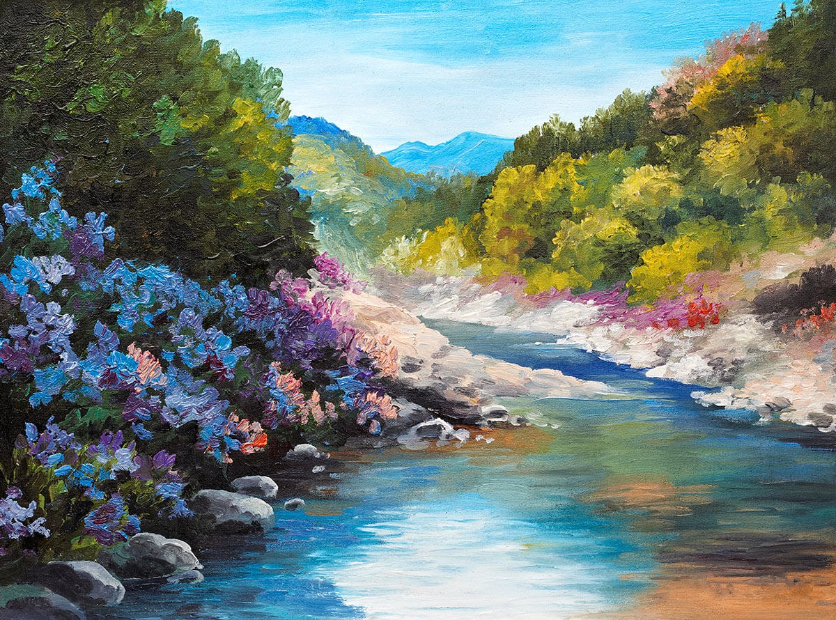 Forest, stones and river flows, original oil painting