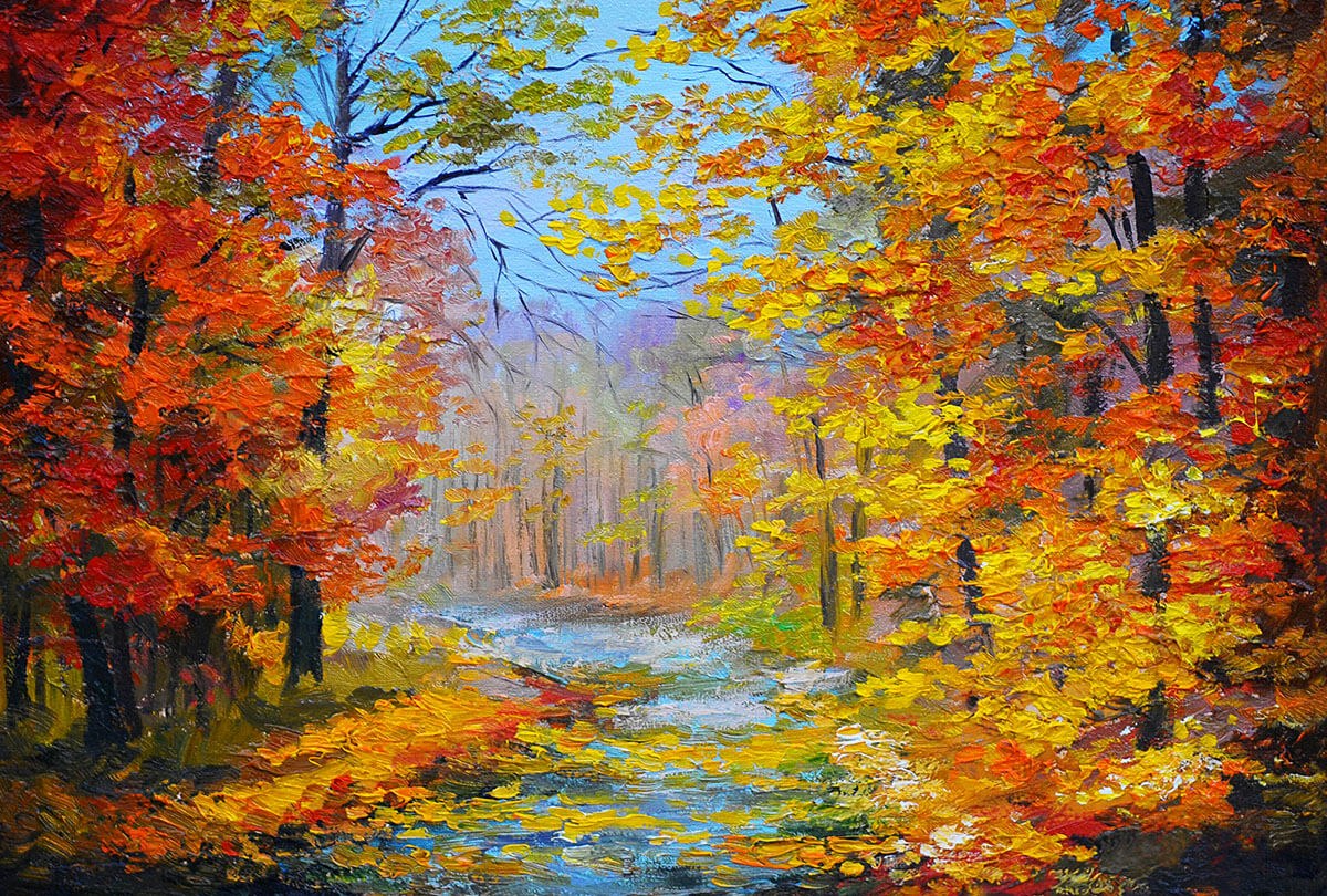 Painting with a dense forest and a stream, colorful leaves on trees